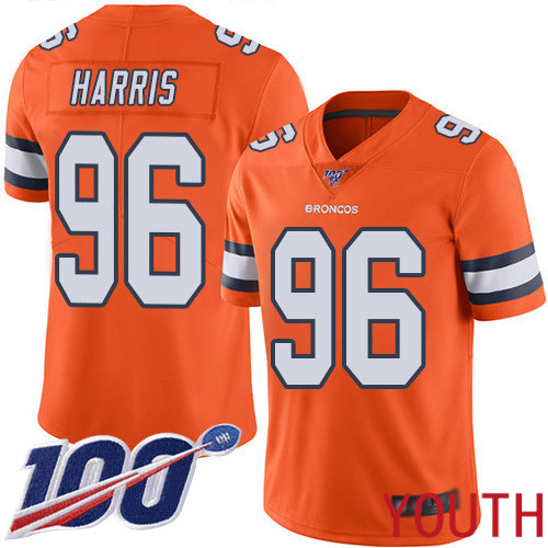 Youth Denver Broncos #96 Shelby Harris Limited Orange Rush Vapor Untouchable 100th Season Football NFL Jersey